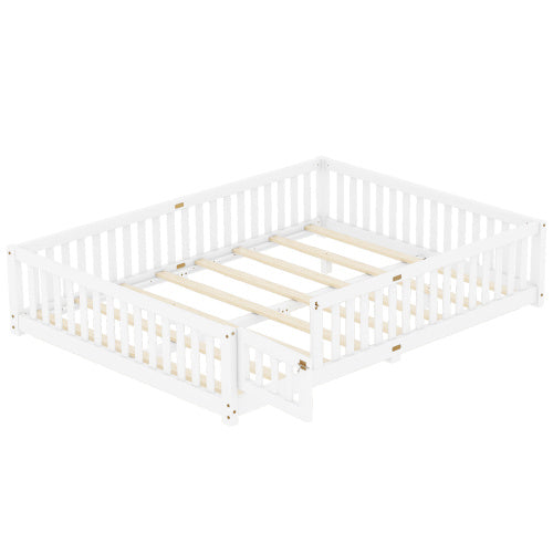 Queen Size Bed Floor Bed With Safety Guardrails And Door For Kids, White