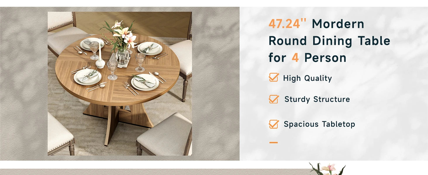 47.24" luxurious Round Dining Table for 4 Person Circle Engineered Wooden Kitchen Table for Home Dining Room Kitchen Living Room