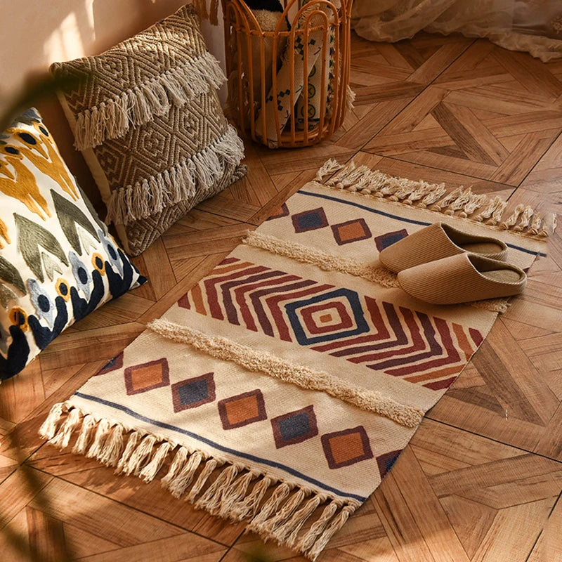 Retro Bohemian Hand Woven Tassel Carpet for Home Living Room Home Decor Bedside Linen Rug Table Runner Door Linen Mat 60x90cm