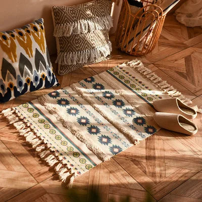 Retro Bohemian Hand Woven Tassel Carpet for Home Living Room Home Decor Bedside Linen Rug Table Runner Door Linen Mat 60x90cm
