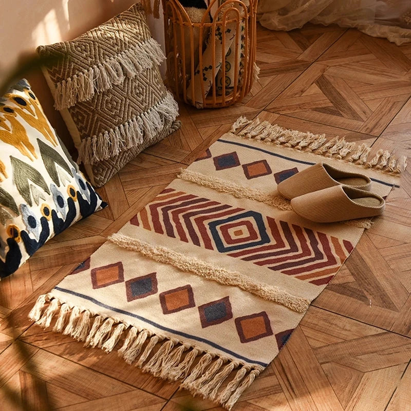 Retro Bohemian Hand Woven Tassel Carpet for Home Living Room Home Decor Bedside Linen Rug Table Runner Door Linen Mat 60x90cm