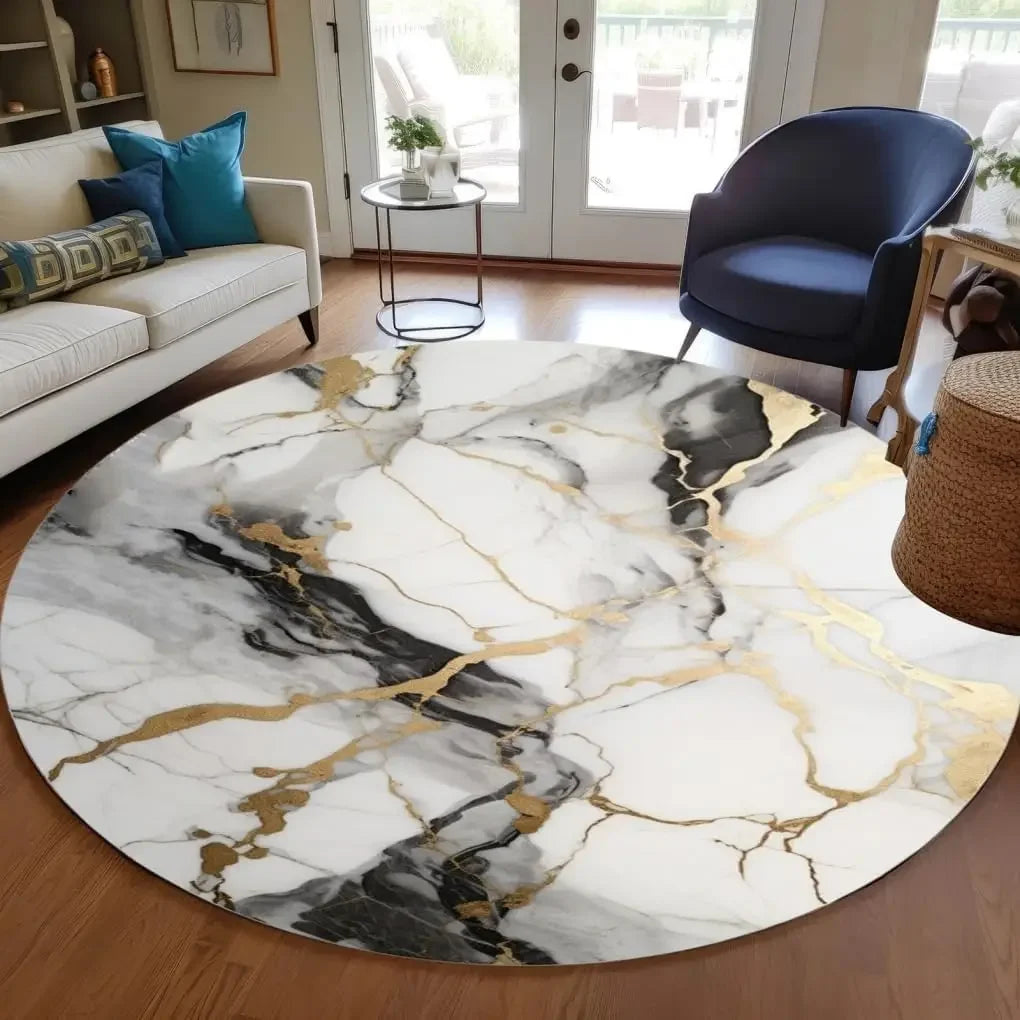 Unique Aesthetic Modern Abstract Black Gray Gold Marble Round Area Rug for Living Room Bedroom Guestroom Art Deco Luxury