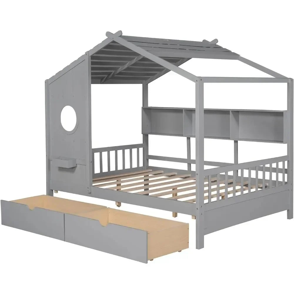 Full Size House Bed ,with Storage Drawers and Shelves, Wood Montessori House Bed Frame, Kids Playhouse Tent Bed
