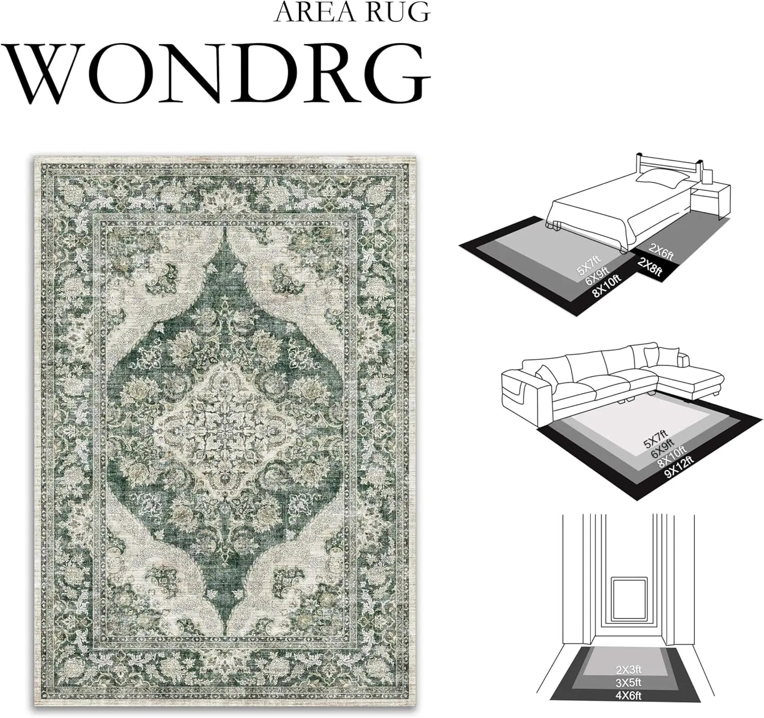 6X9 Washable Green Vintage Area Rug For Living Room Bedroom Large Oriental Carpet Non-Slip Low Pile Retro Distressed Soft Thin