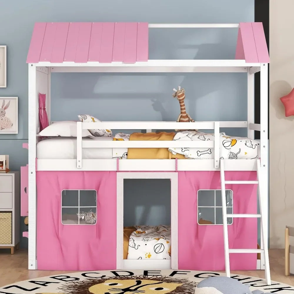 Twin Loft Bunk Bed with Tent,Kids Twin Loft Bed with Ladders,Guardrail,Windows & Roof,Suitable for bedrooms boys and girls