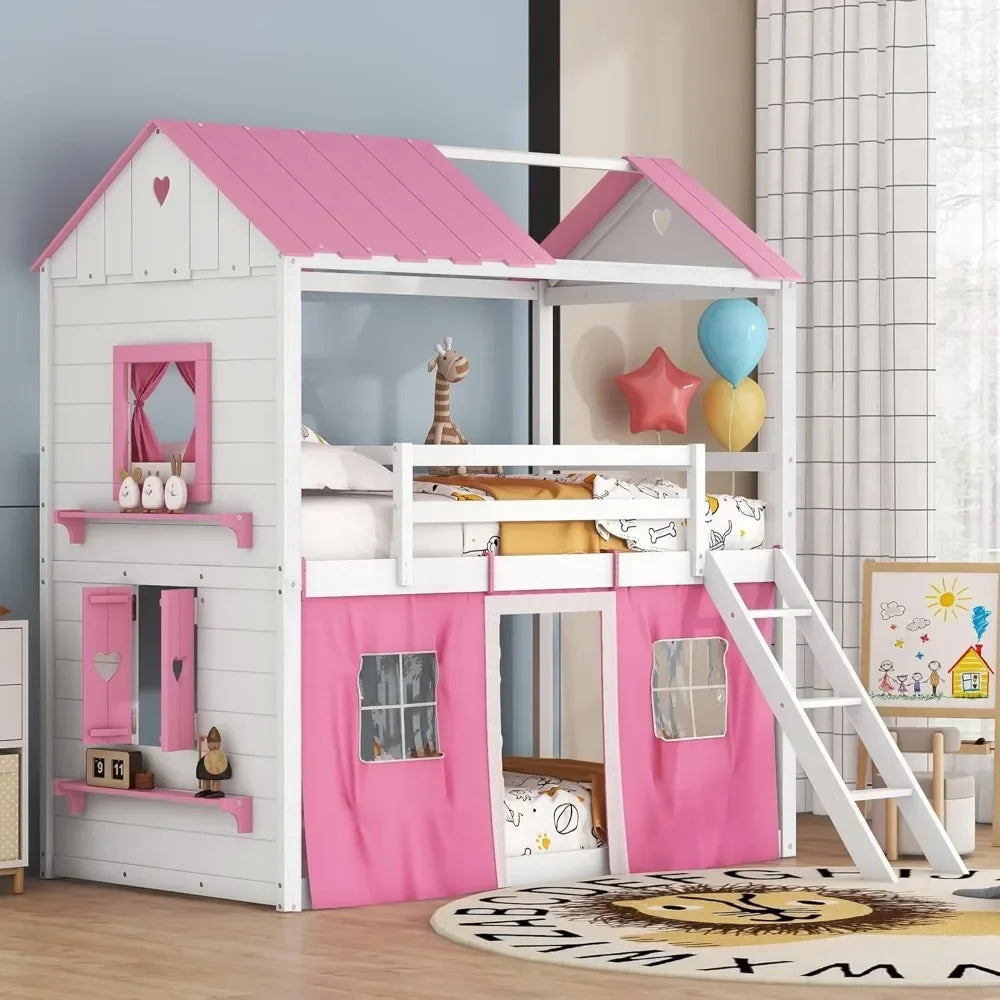 Twin Loft Bunk Bed with Tent,Kids Twin Loft Bed with Ladders,Guardrail,Windows & Roof,Suitable for bedrooms boys and girls