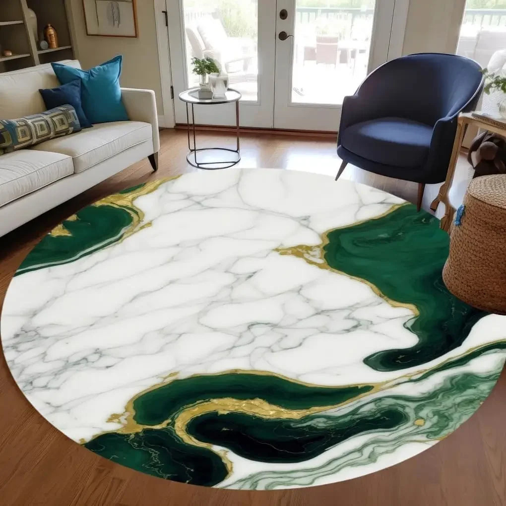 Unique Aesthetic Modern Abstract Black Gray Gold Marble Round Area Rug for Living Room Bedroom Guestroom Art Deco Luxury