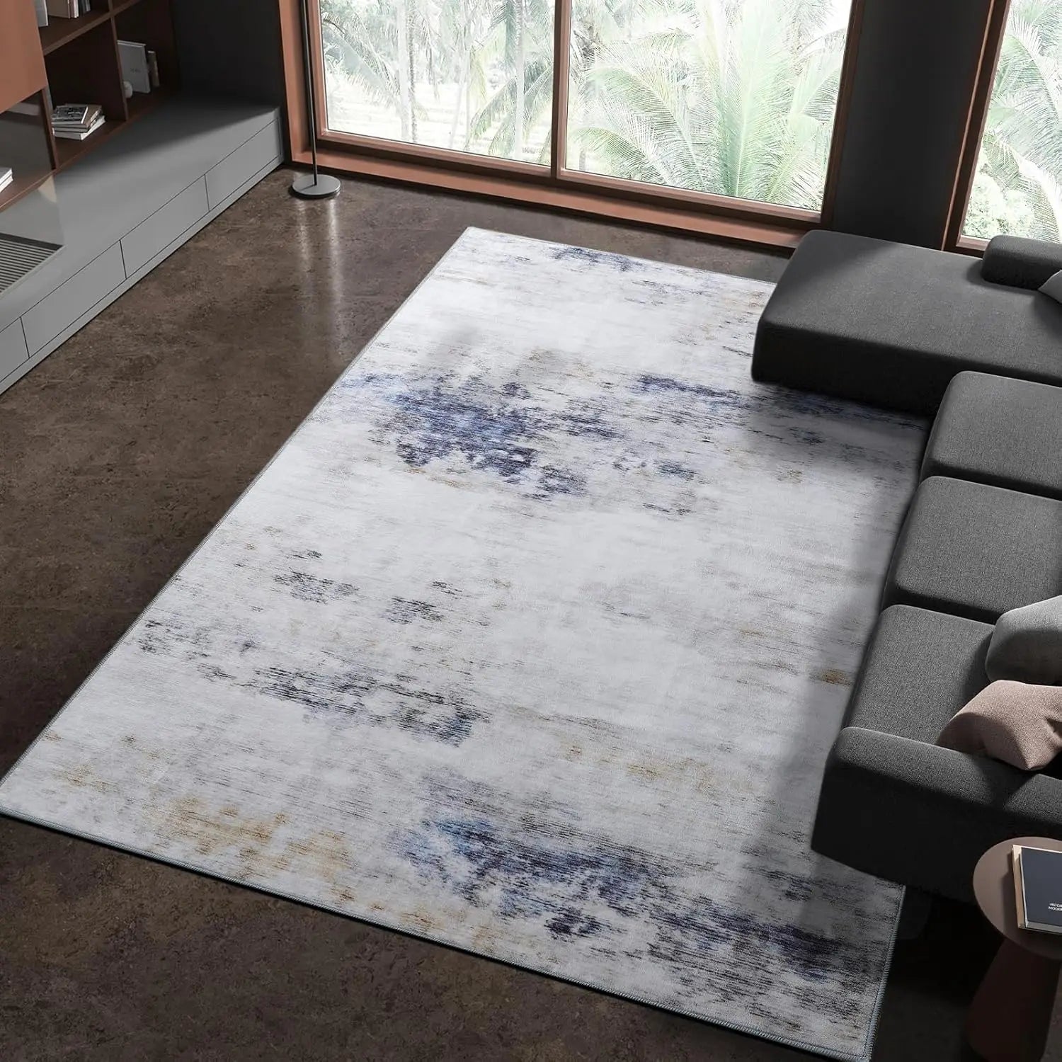 Abstract Area Rug Modern Washable Rug Soft Non Slip Rug Low Pile for Bedroom Living Room Dining Room Grey/Brown 4x6 Feet