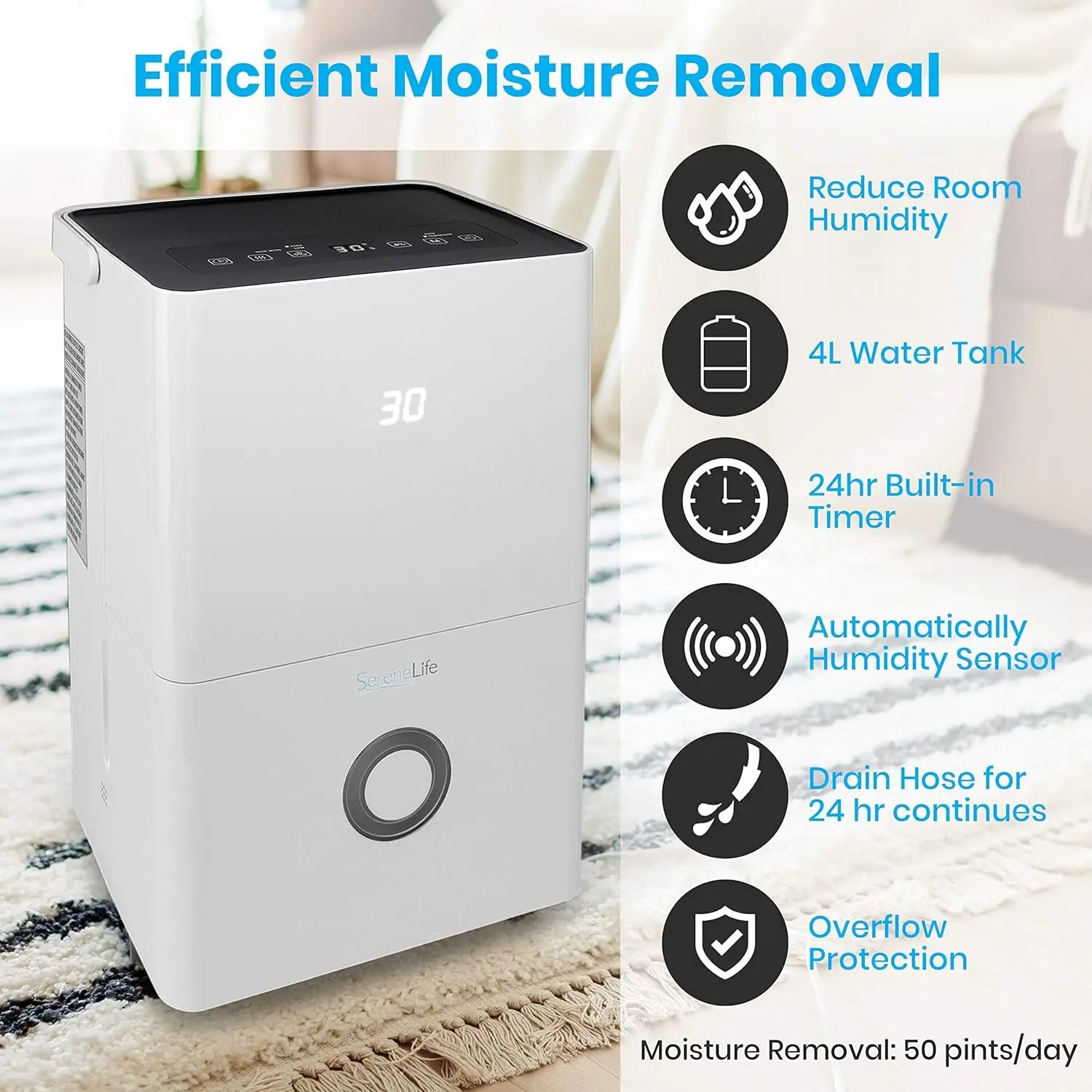 50-Pint Electric Home Compact Dehumidifier - 3000 Square Feet Quiet Electric Dehumidifiers For Home Closet Basement