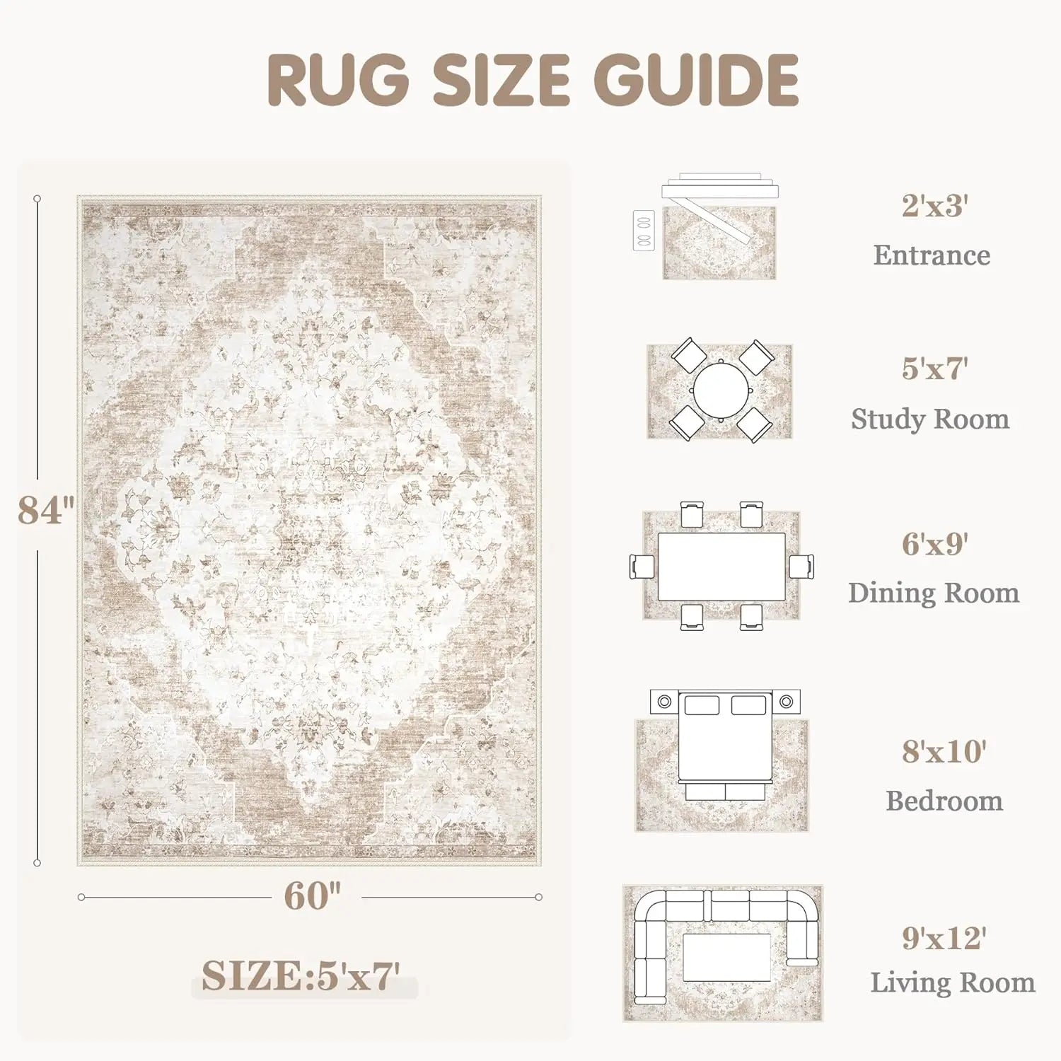 Area Rug 5X7 Living Room: Washable Vintage Rug Non-Slip Retro Rug Soft Low-Pile Indoor Carpet For Living Room Bedroom Dining