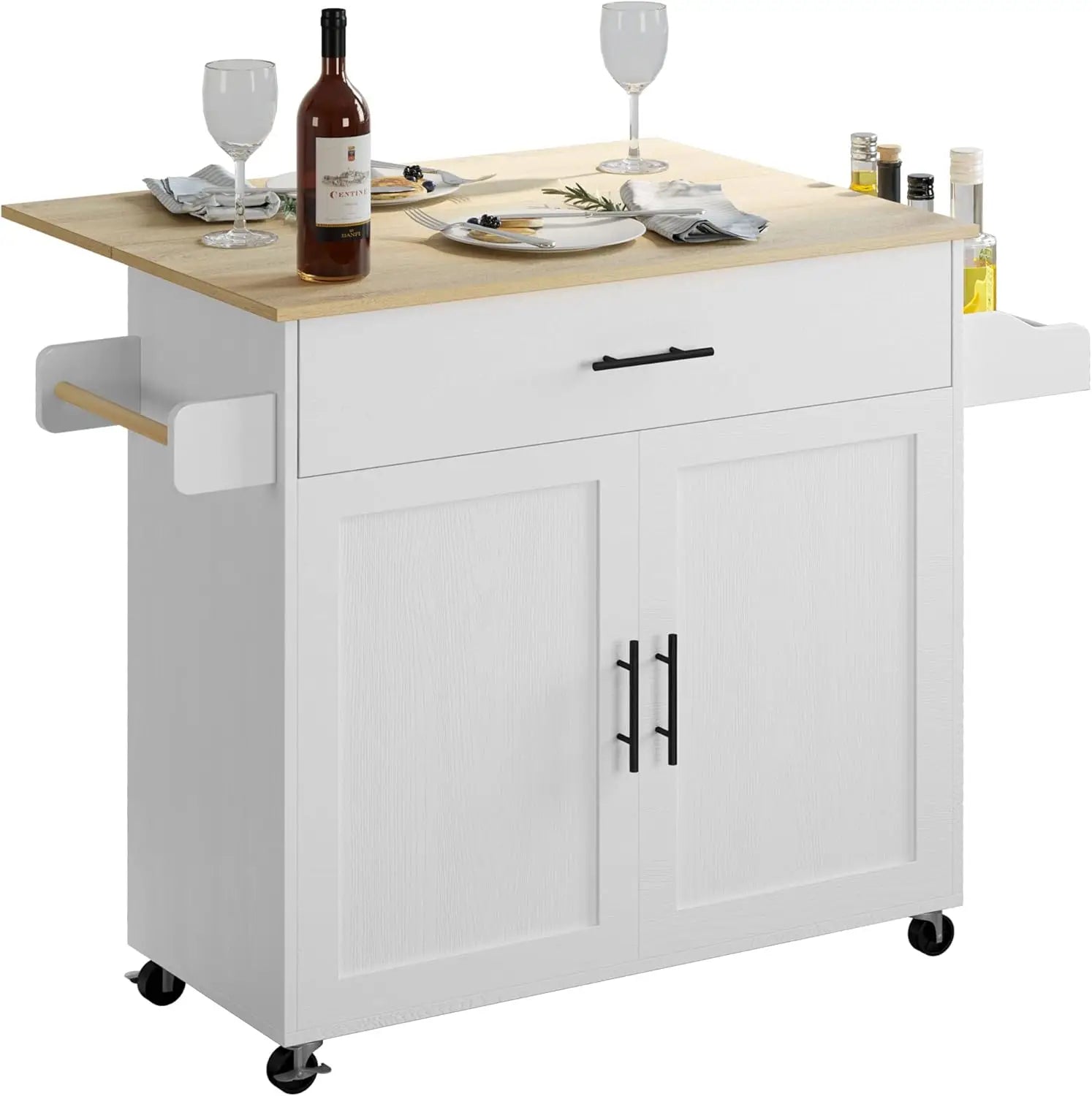 Rolling Kitchen Island Table on Wheels with Drop Leaf, Storage Cabinet, Drawer, Spice/Towel Rack, Kitchen Cart