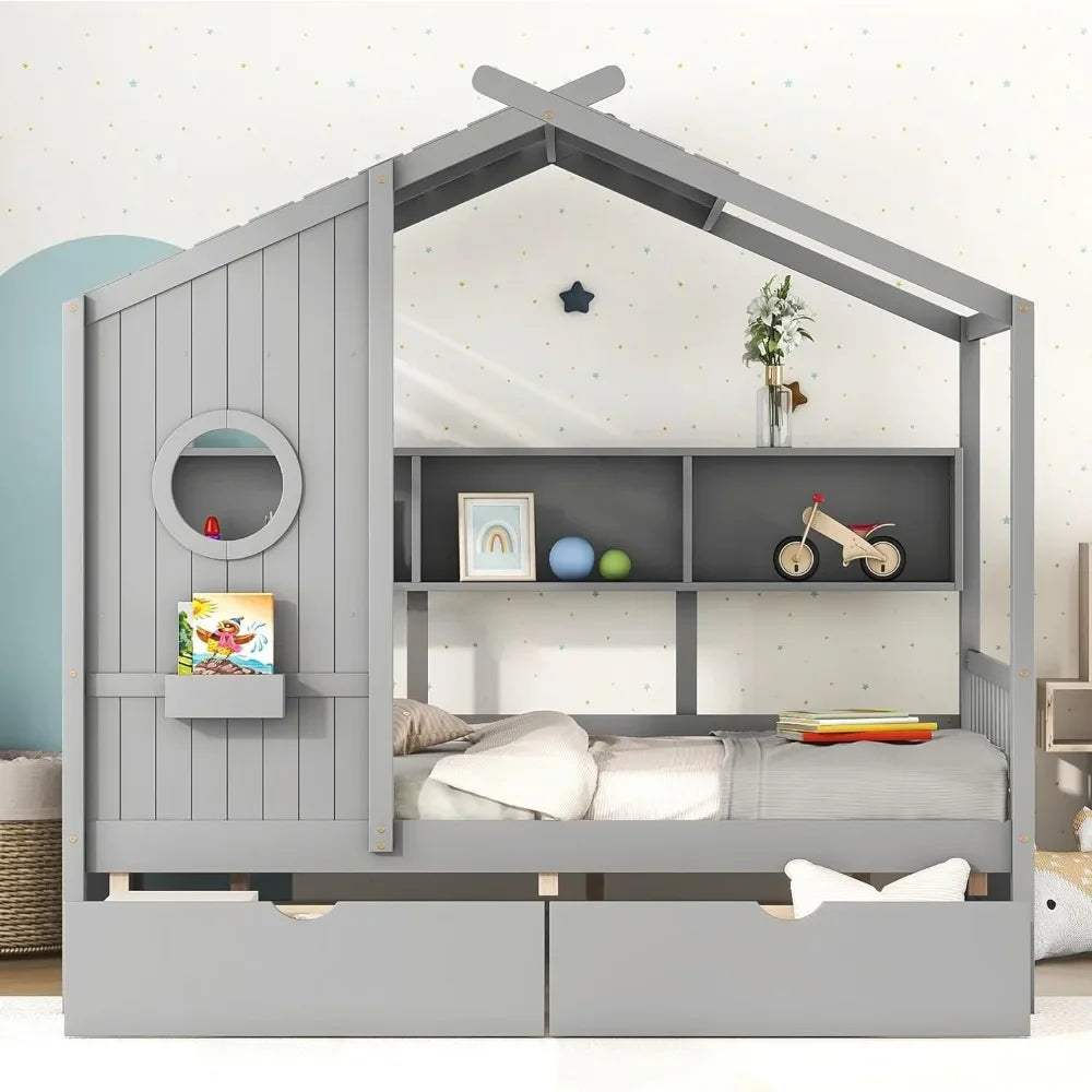 Full Size House Bed ,with Storage Drawers and Shelves, Wood Montessori House Bed Frame, Kids Playhouse Tent Bed