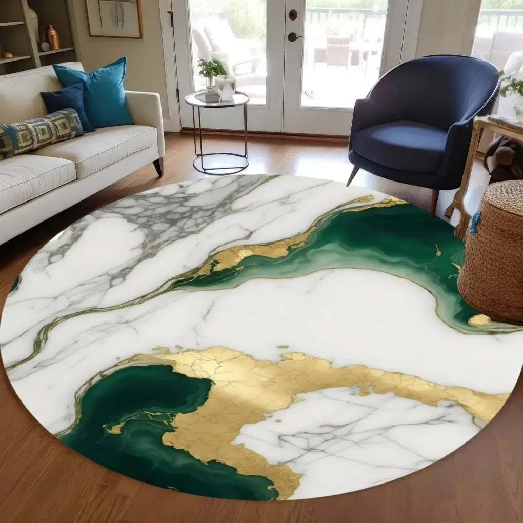 Unique Aesthetic Modern Abstract Black Gray Gold Marble Round Area Rug for Living Room Bedroom Guestroom Art Deco Luxury