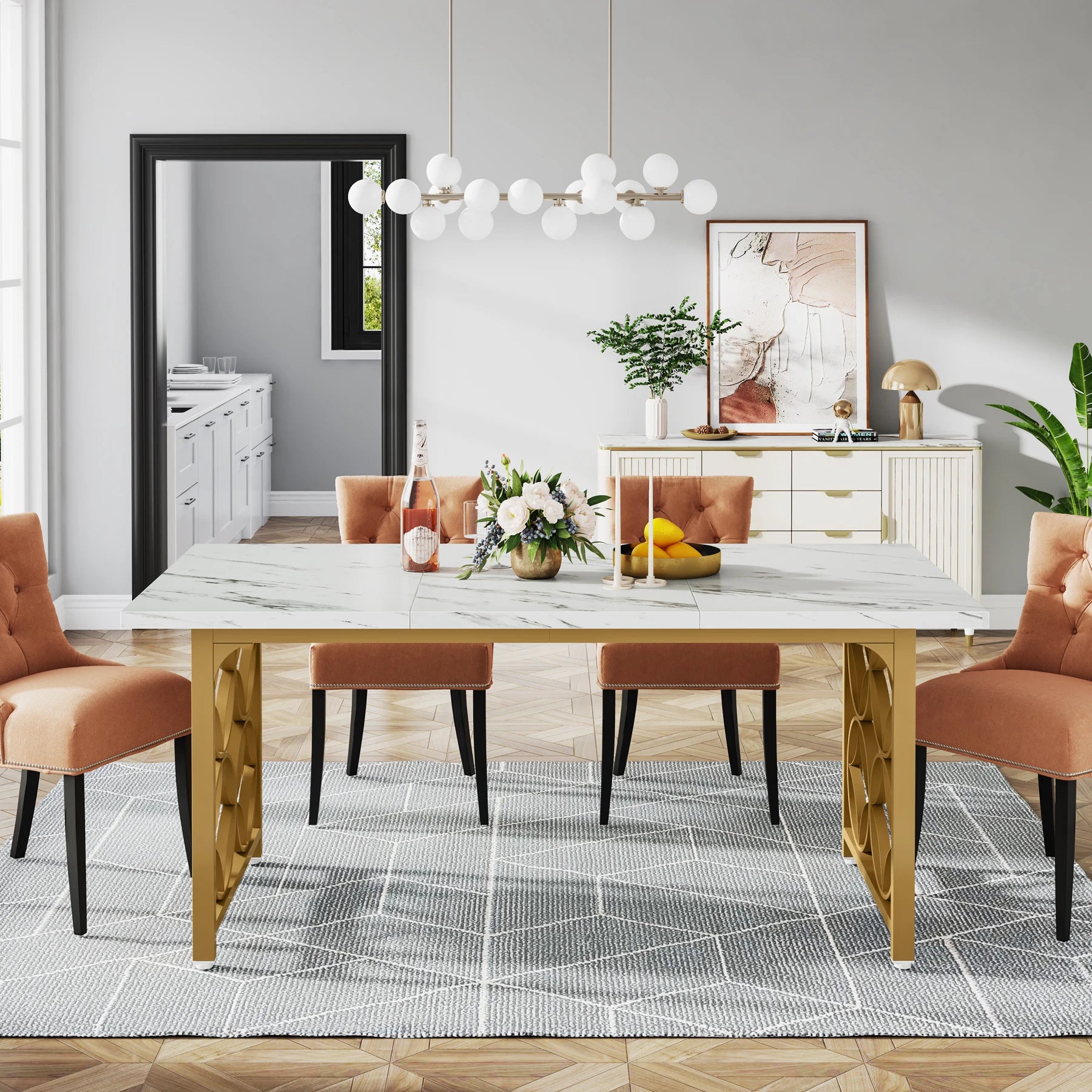 Tribesigns Dining Table, 63-inch Modern Marble Dining Room Table for 6 People, Rectangular Kitchen Table with Gold Metal Frame