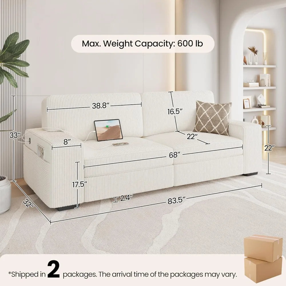 83.5" W Modern Sofa Couch 2 Seater Corduroy Fabric Sofa with USB Charging Ports & Side Storage Pockets for Living Room Apartmen