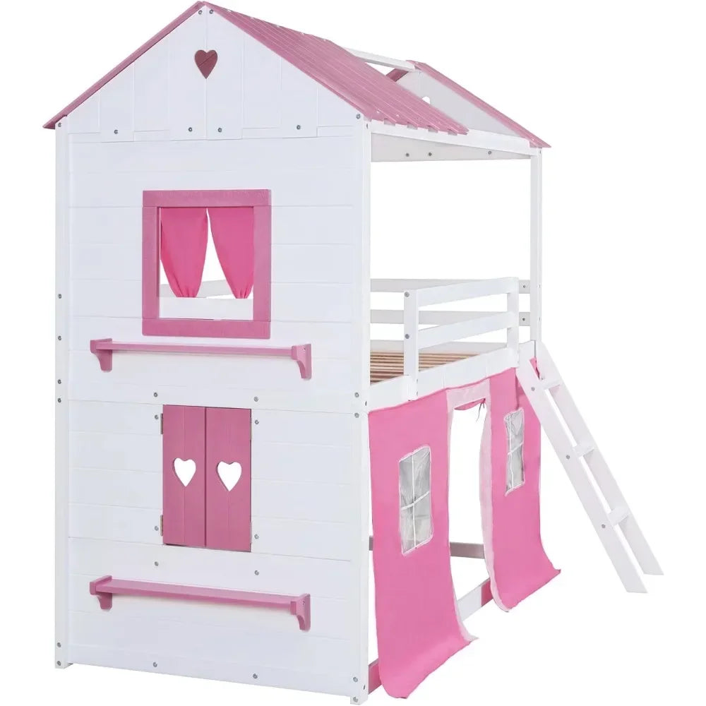 Twin Loft Bunk Bed with Tent,Kids Twin Loft Bed with Ladders,Guardrail,Windows & Roof,Suitable for bedrooms boys and girls