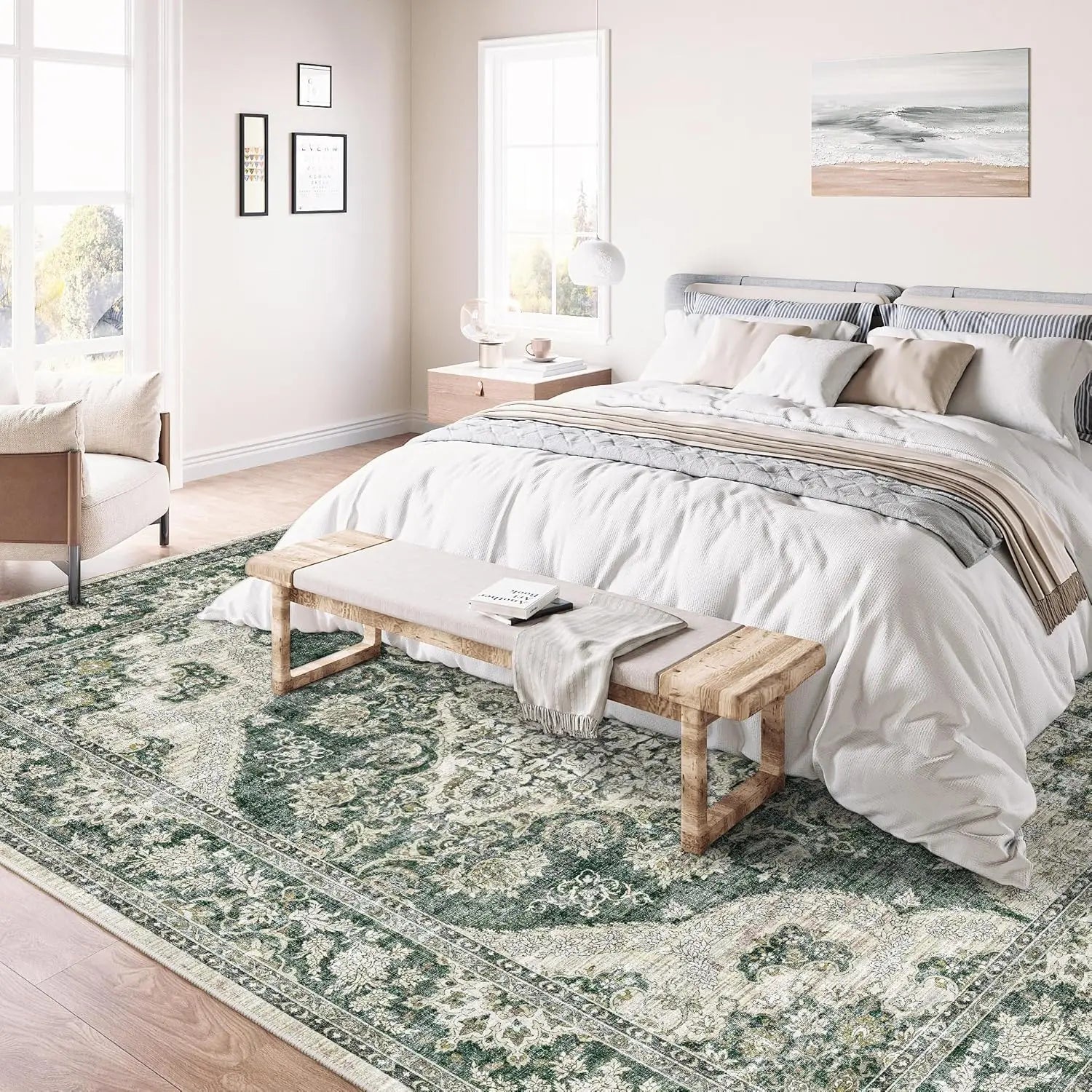 6X9 Washable Green Vintage Area Rug For Living Room Bedroom Large Oriental Carpet Non-Slip Low Pile Retro Distressed Soft Thin