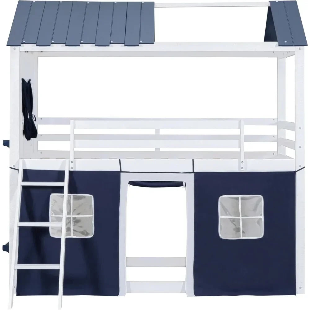 Twin Loft Bunk Bed with Tent,Kids Twin Loft Bed with Ladders,Guardrail,Windows & Roof,Suitable for bedrooms boys and girls