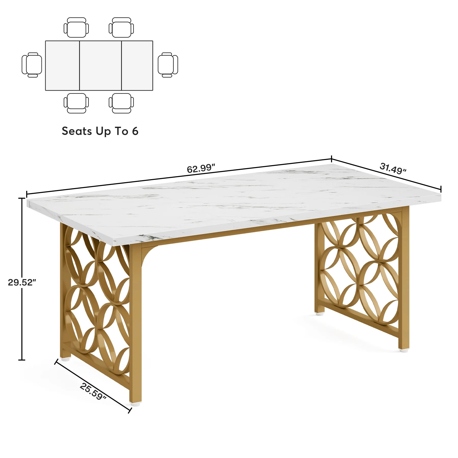 Tribesigns Dining Table, 63-inch Modern Marble Dining Room Table for 6 People, Rectangular Kitchen Table with Gold Metal Frame