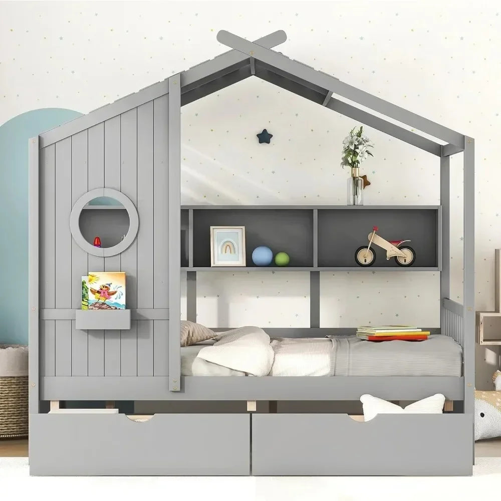 Full Size House Bed ,with Storage Drawers and Shelves, Wood Montessori House Bed Frame, Kids Playhouse Tent Bed