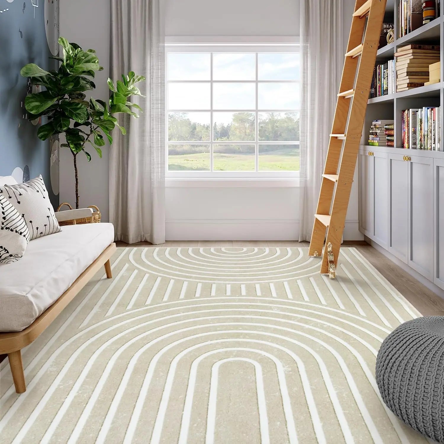 Lahome Rainbow 8X10 Playroom Nursery Rug, Washable Area Rugs 8X10 For Bedroom Living Room Aesthetic, Soft Modern Beige Area