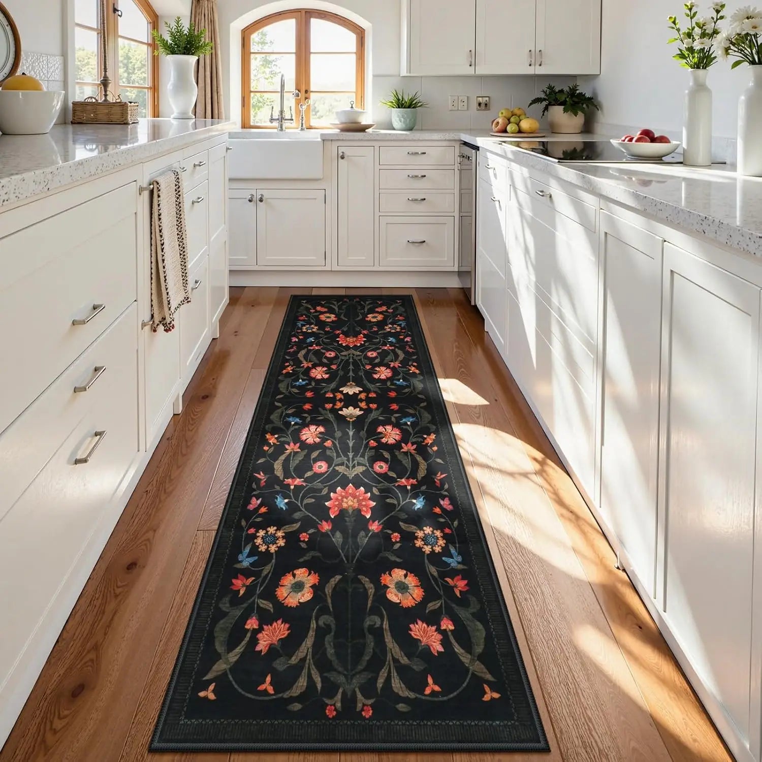 Livebox Black Runners For Hallway - Boho Floral 2'6""X8 Washable Runner Rug, Non-Slip Kitchen Runner Rug, Soft Low-Pile