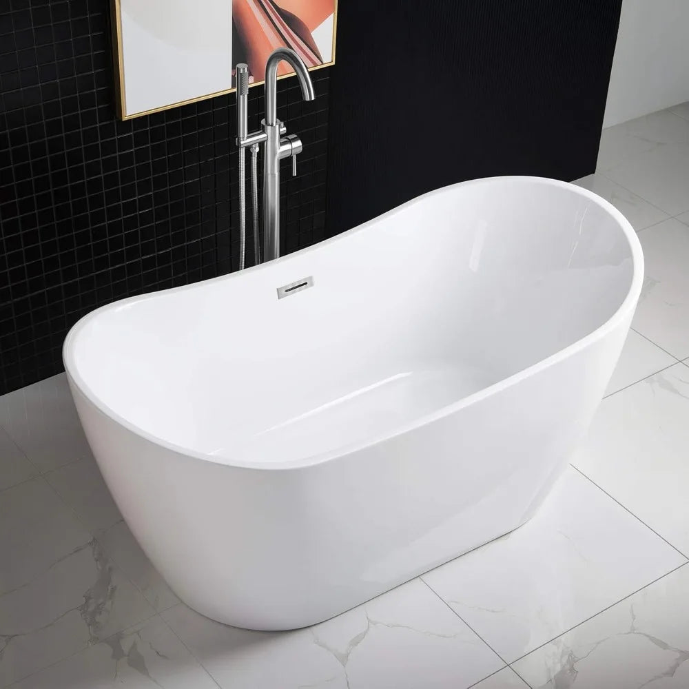 59" Acrylic Contemporary Soaking Tub with Chrome Overflow and Drain，Acrylic and Reinforced with Fiberglass，Freestanding Bathtub