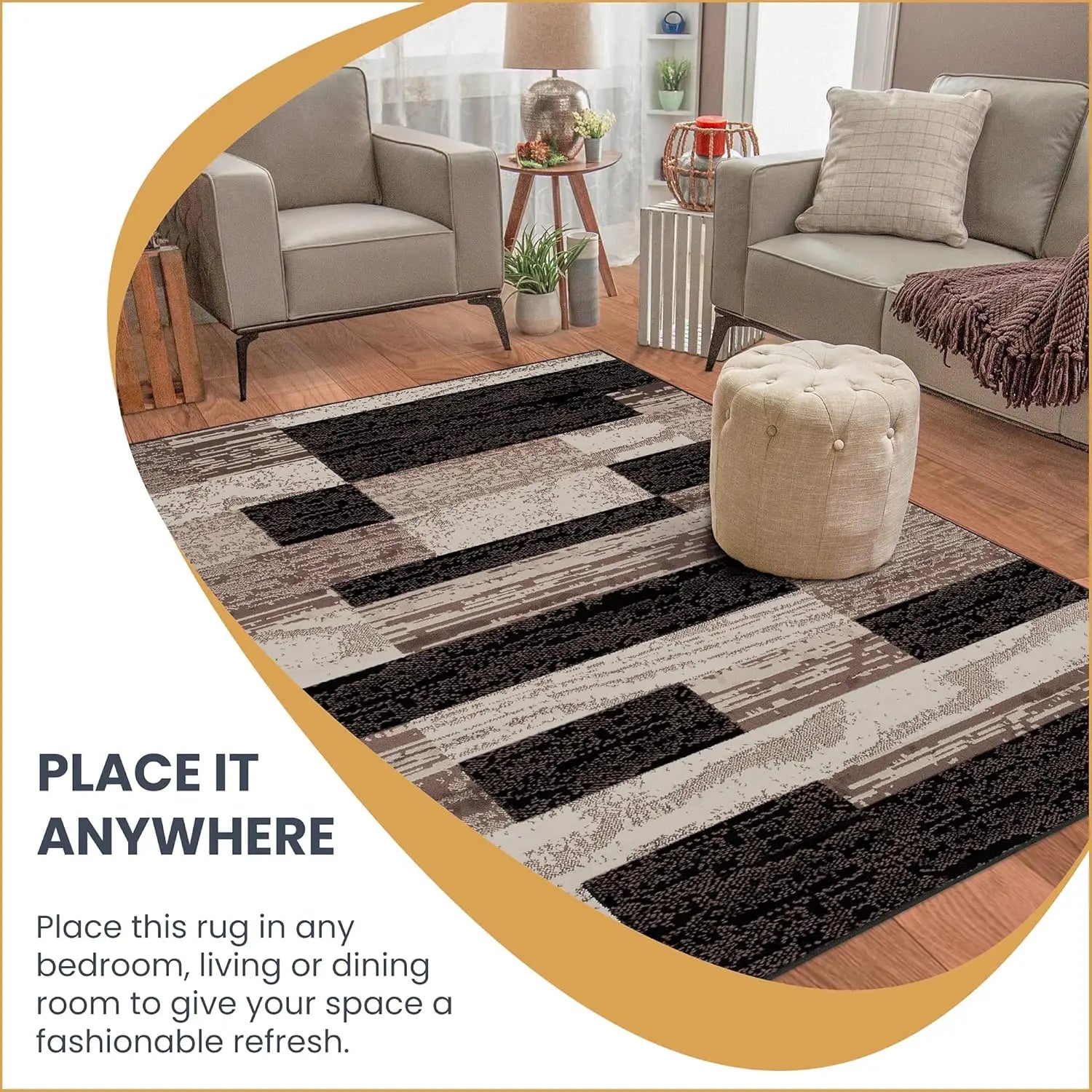 Superior Indoor Area Rug, Jute Backed, Modern Geometric Patchwork Floor Decor For Bedroom, Office, Living Room, Entryway,