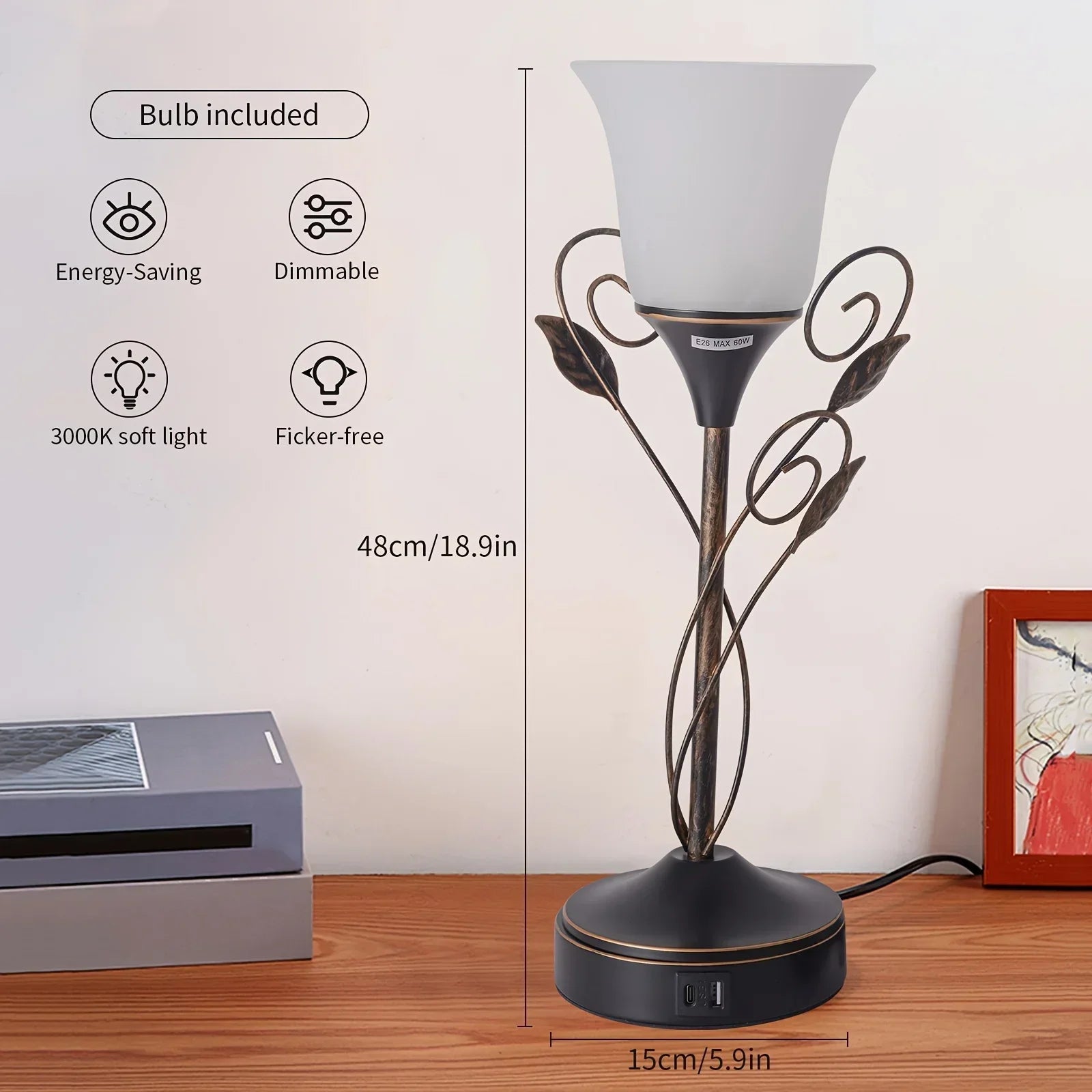 19-Inch Desk Lamp with Touch Switch & 2 USB Ports, Wicker & Spliced Glass Flower Shade, Dimmable LED Bulb Vintage Home Lighting