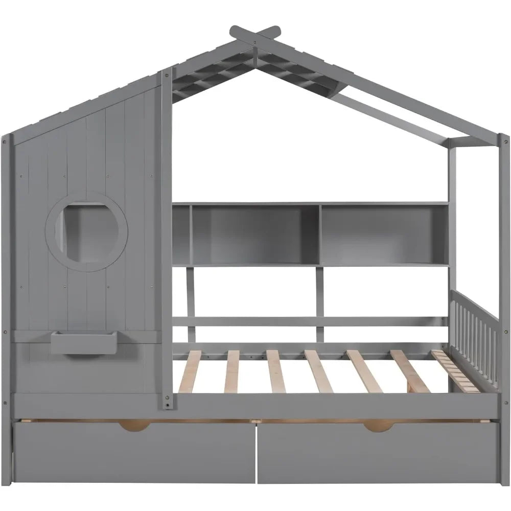 Full Size House Bed ,with Storage Drawers and Shelves, Wood Montessori House Bed Frame, Kids Playhouse Tent Bed