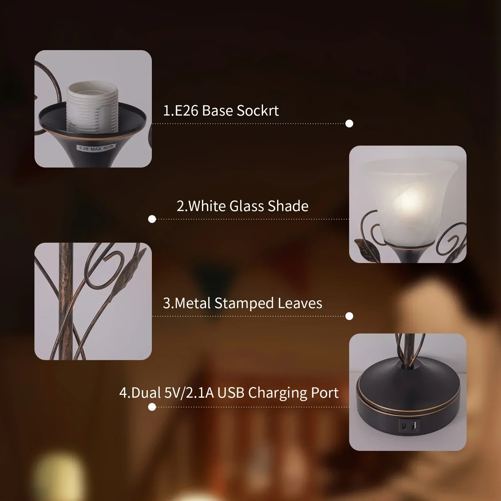 19-Inch Desk Lamp with Touch Switch & 2 USB Ports, Wicker & Spliced Glass Flower Shade, Dimmable LED Bulb Vintage Home Lighting