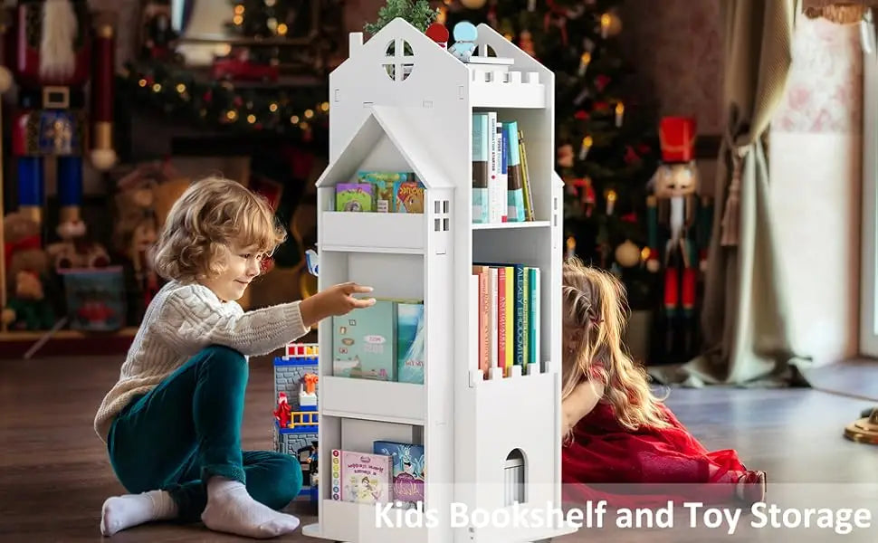 Castle White Rotating Bookshelf Toy Storage Organizer Rack Revolving Corner Bookshelf for Kids Toddler Children Home Office Furn