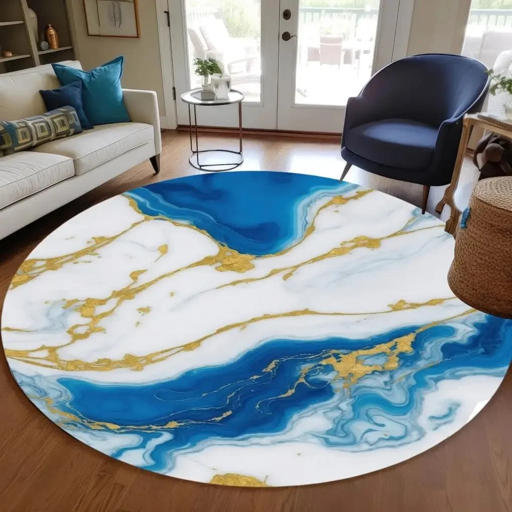 Unique Aesthetic Modern Abstract Black Gray Gold Marble Round Area Rug for Living Room Bedroom Guestroom Art Deco Luxury
