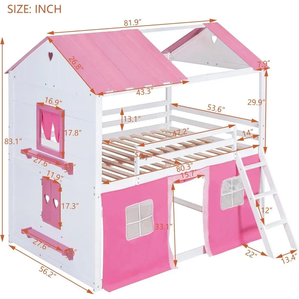 Twin Loft Bunk Bed with Tent,Kids Twin Loft Bed with Ladders,Guardrail,Windows & Roof,Suitable for bedrooms boys and girls