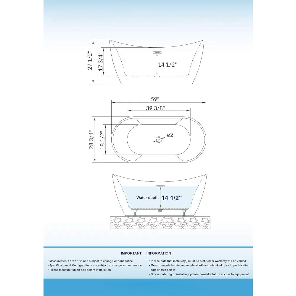 59" Acrylic Contemporary Soaking Tub with Chrome Overflow and Drain，Acrylic and Reinforced with Fiberglass，Freestanding Bathtub