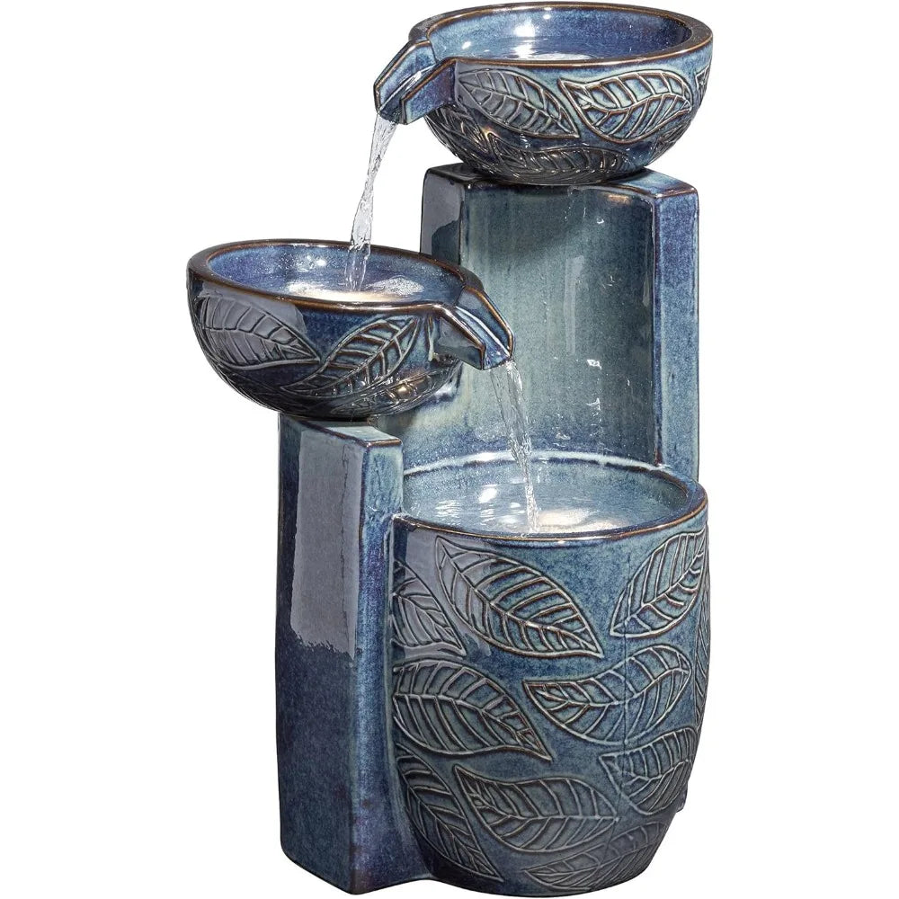 Summer Leaves Outdoor Floor Water Fountain 26" High with LED Light Cascading Bowls for Garden Patio Backyard Deck Home Lawn
