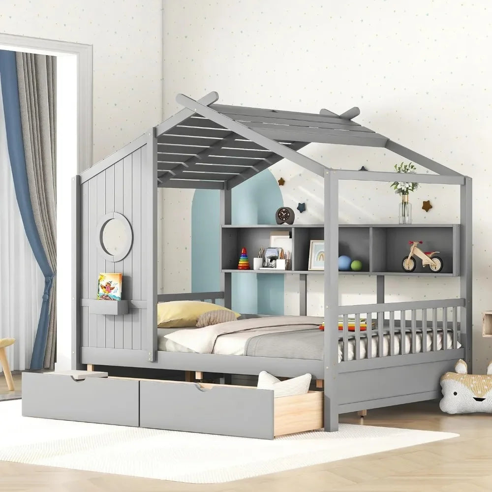 Full Size House Bed ,with Storage Drawers and Shelves, Wood Montessori House Bed Frame, Kids Playhouse Tent Bed