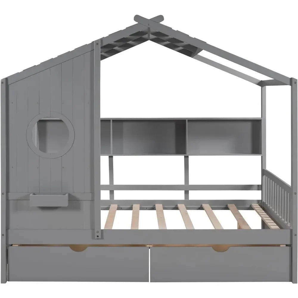 Full Size House Bed ,with Storage Drawers and Shelves, Wood Montessori House Bed Frame, Kids Playhouse Tent Bed