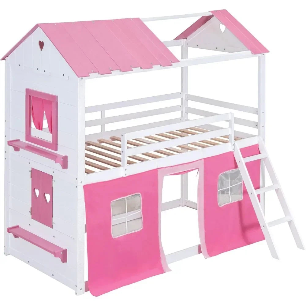 Twin Loft Bunk Bed with Tent,Kids Twin Loft Bed with Ladders,Guardrail,Windows & Roof,Suitable for bedrooms boys and girls