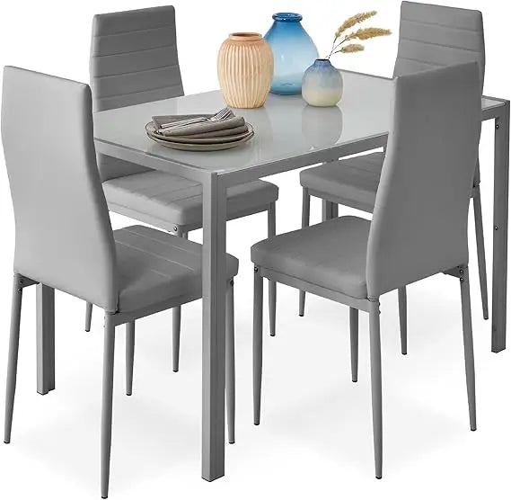 5-Piece Glass Dining Set, Modern Kitchen Table Furniture for Dining Room, Dinette, Compact Space-Saving w/G