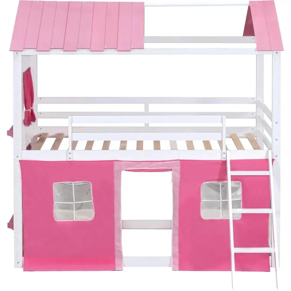 Twin Loft Bunk Bed with Tent,Kids Twin Loft Bed with Ladders,Guardrail,Windows & Roof,Suitable for bedrooms boys and girls