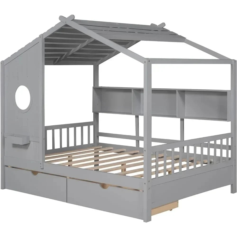 Full Size House Bed ,with Storage Drawers and Shelves, Wood Montessori House Bed Frame, Kids Playhouse Tent Bed