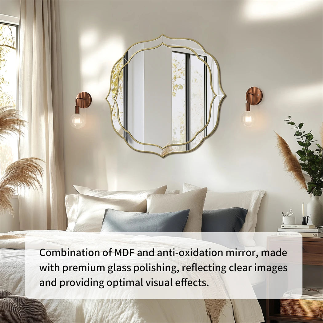 Large Wall Mirror Modern Decorative Mirror Flower Shaped Accent Mirror Beveled Golden Rim for Hallway Living Room Bedroom