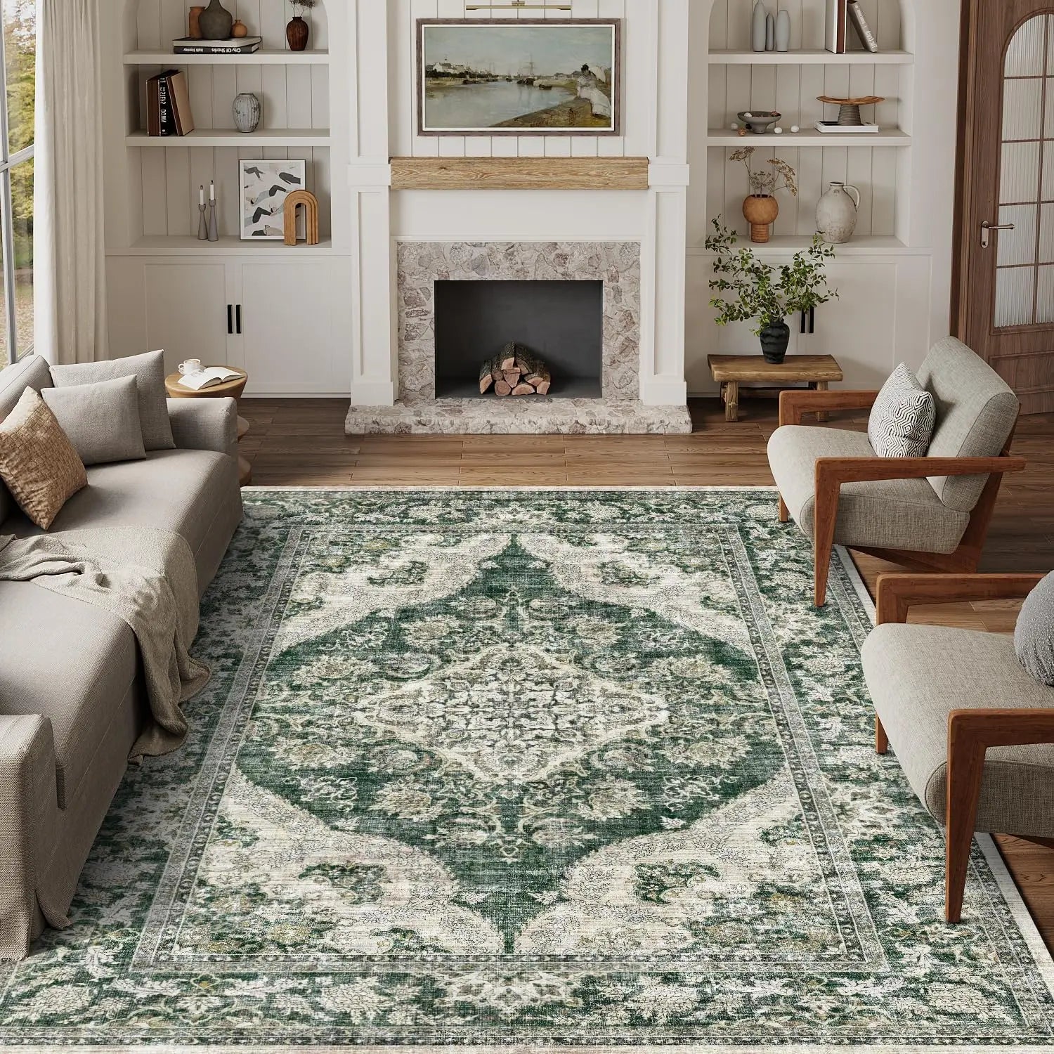 6X9 Washable Green Vintage Area Rug For Living Room Bedroom Large Oriental Carpet Non-Slip Low Pile Retro Distressed Soft Thin