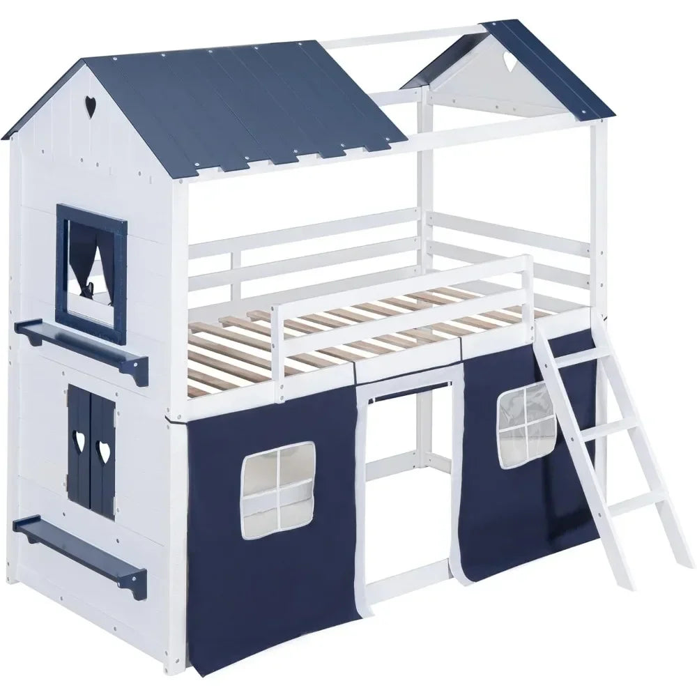 Twin Loft Bunk Bed with Tent,Kids Twin Loft Bed with Ladders,Guardrail,Windows & Roof,Suitable for bedrooms boys and girls
