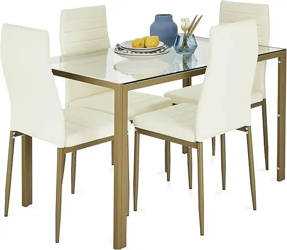 5-Piece Glass Dining Set, Modern Kitchen Table Furniture for Dining Room, Dinette, Compact Space-Saving w/G