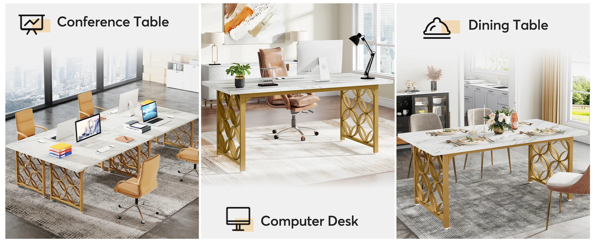 Tribesigns Dining Table, 63-inch Modern Marble Dining Room Table for 6 People, Rectangular Kitchen Table with Gold Metal Frame