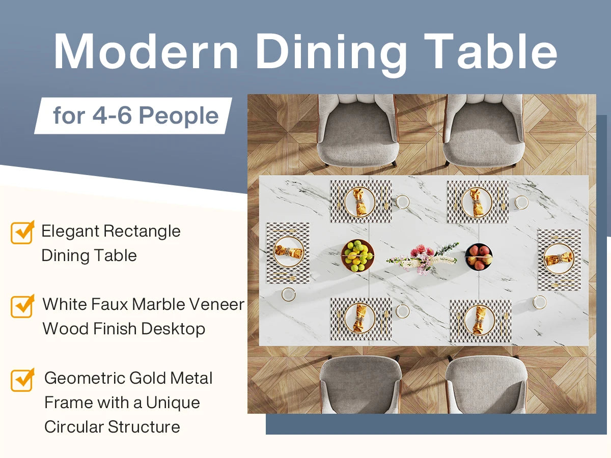 Tribesigns Dining Table, 63-inch Modern Marble Dining Room Table for 6 People, Rectangular Kitchen Table with Gold Metal Frame