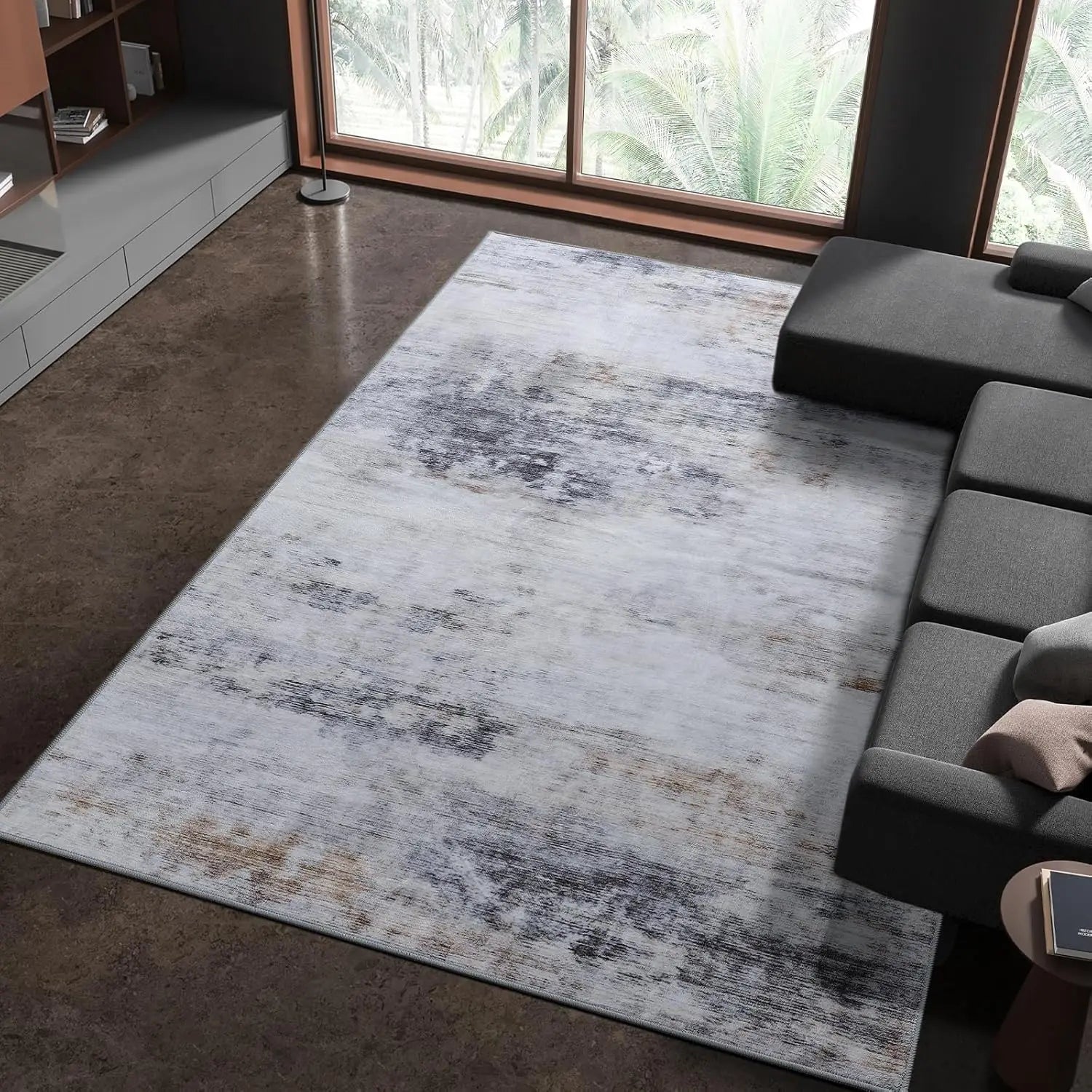 Abstract Area Rug Modern Washable Rug Soft Non Slip Rug Low Pile for Bedroom Living Room Dining Room Grey/Brown 4x6 Feet