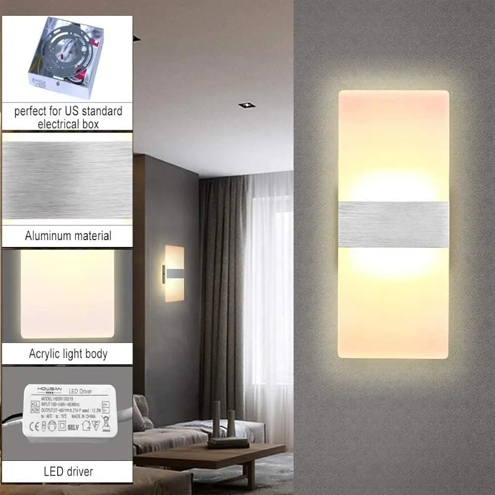 Modern Wall Sconces Dimmable 12W, LED Wall Lights Silver Up Down Wall Lamp for Bedrooms Hallway Corridor